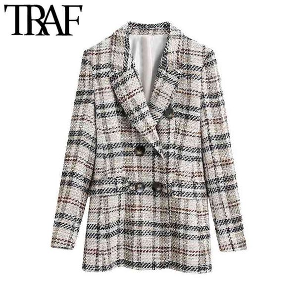 

women fashion double breasted check tweed blazer coat vintage long sleeve pocket female outerwear chic veste femme 210507, White;black