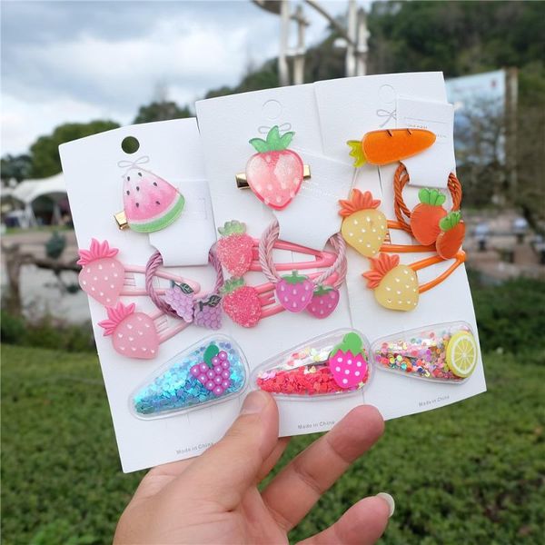 

6pcs/set children cute candy cartoon fruit hairpins ornament hair clips girls elastic bands kids baby accessories 2021, Slivery;white
