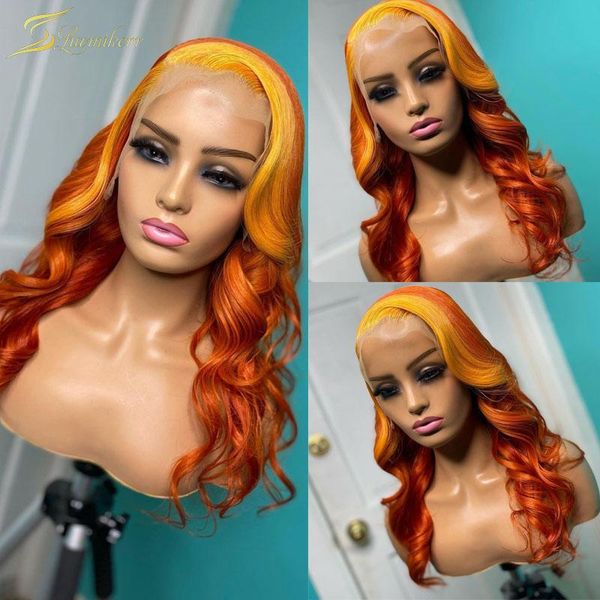 

lace wigs ombre ginger orange highlight colored human hair loose deep wave frontal wig 613 blonde front full preplucked 30, Black;brown