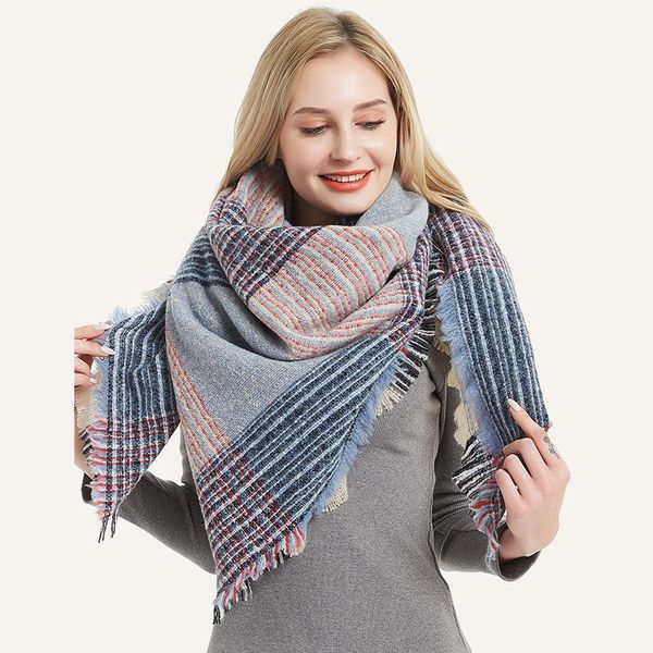 

scarves fashion women ladies plaid knitted scarf female autumn winter warm wraps big square shawls long neck bandana 135*135cm, Blue;gray