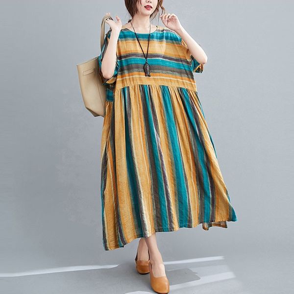 

oversized women cotton linen casual dress new arrival summer simple style vintage striped loose female long dresses s3236 210412, Black;gray