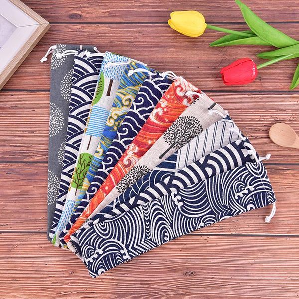 

1pc drawstring bag portable tableware cotton linen spoon chopsticks storage cutlery case for travel dinnerware accessories sets