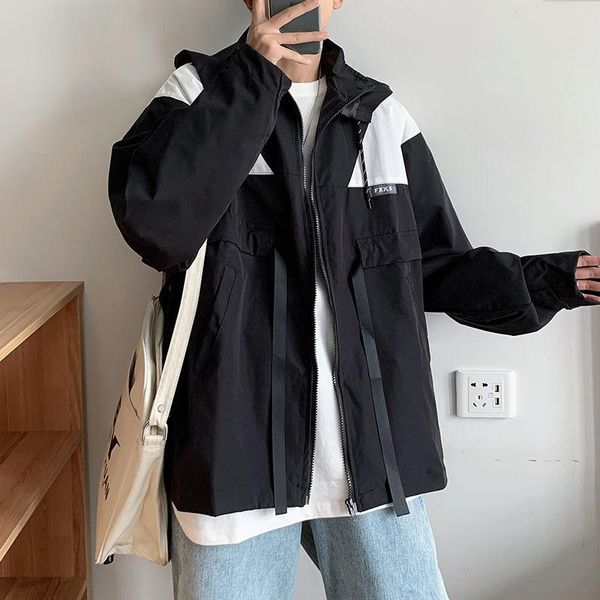 

men's jackets 2021 spring and autumn youth loose color block hooded jacket fashion casual big pocket black/blue, Black;brown