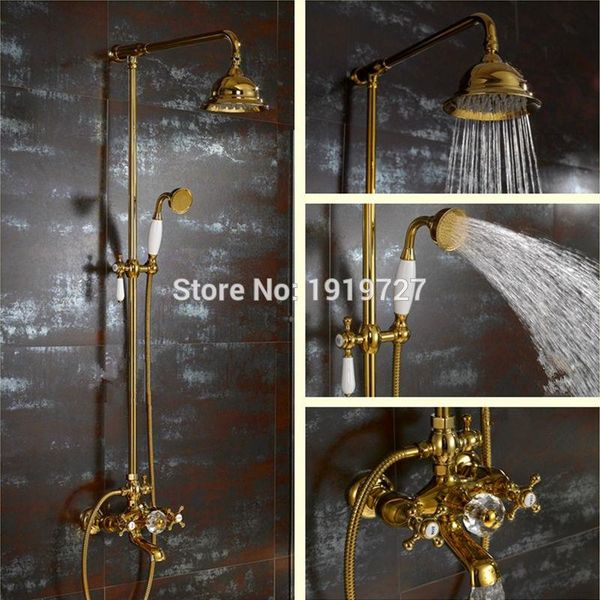 

vidric waterfall gold shower system with exposed cold valve, head, hand shower, diverter, 24" riser, and brass cross bathroom sets