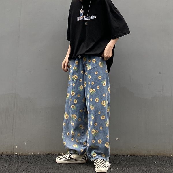 

2011New 2021 Women Loose Denim Jeans Sunflower Printed Jeans Blue Wide Leg Pants Women Loose Pants Flower Pattern Jeans Harajuku