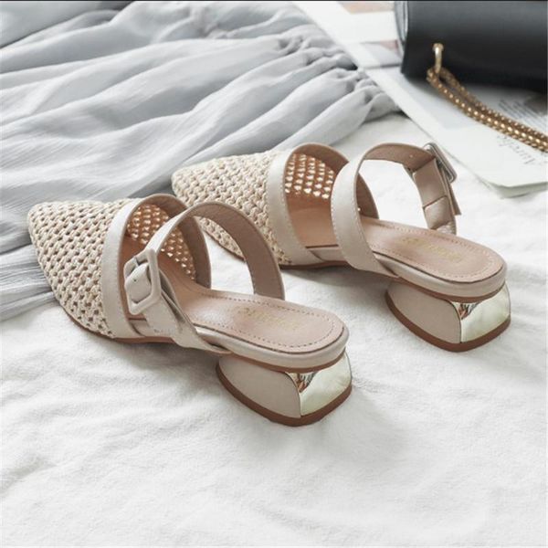 

slippers summer hollow baotou sandals women's thick heel net celebrity fashion outer wear all-match half, Black