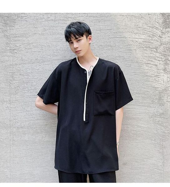 

summer literature and art minimalist style half open collar pullover shirt men's short sleeve loose senior perceptual cool casual shirt, White;black