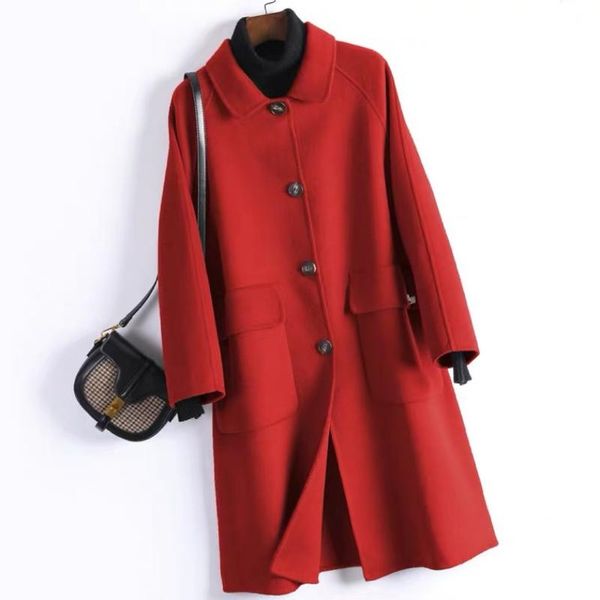 

women's wool & blends double-sided woolen coat temperament commuter dolid color straight dmall lapel women's, Black