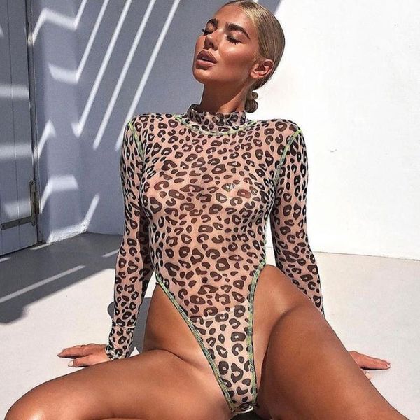

women's jumpsuits & rompers 2021 women leopard transparent bodysuit turtleneck long sleeve bodycon skinny ladies club wear, Black;white