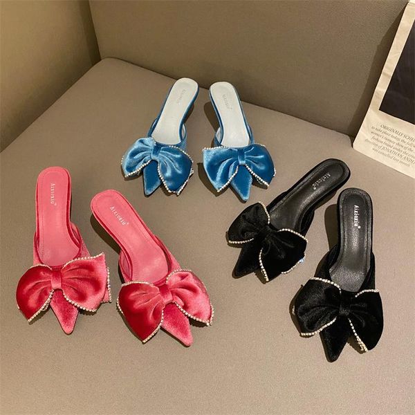 

slippers brand women slipper fashion crystal bow-knot pointed toe mules ladies thin female low heels sandal shoes outdoor slides 2022, Black