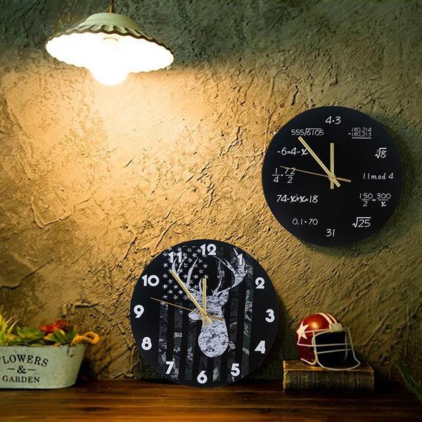 

round wooden wall clock with formula/deer printed modern art hanging for home bedroom silent scanning 25*25cm el clocks