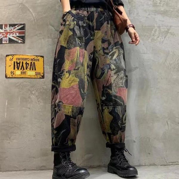 

women's jeans 2021 arrival spring/autumn arts style women print cotton denim ankle-length pants elastic waist patchwork harem v458, Blue