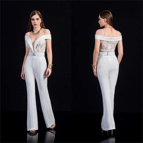 Jumpsuits Brancos Vestidos de Noite Sexy Espaguete V Pescoço Laço Appliqued Prom Vestido Ruffle Setin Sweep Train Formal Party Vestidos Feito Personalizado