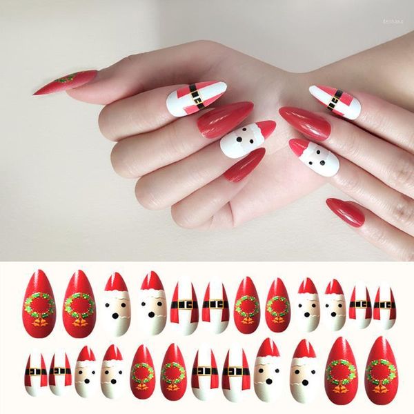 

fashion 24pcs false nail tips christmas deer elk press on women santa claus cartoon full cover kid glue self fake art1, Red;gold