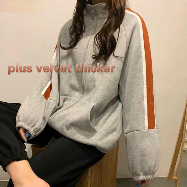 

women's jackets women winter plus velvet thicker zipper patchwork coats striped pockets all-match streetwear clothing, Black;brown