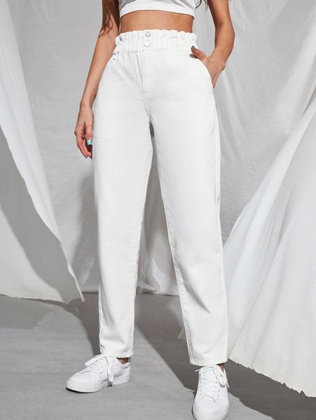 

paperbag waist mom jeans f73a#, Blue