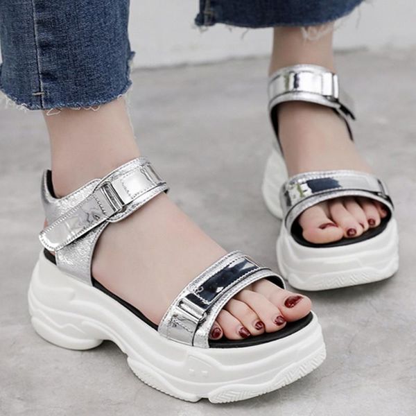 

platform women's sandals pu leather silver casual fashion hook&loop ladies shoes wedge women beach yj-28, Black