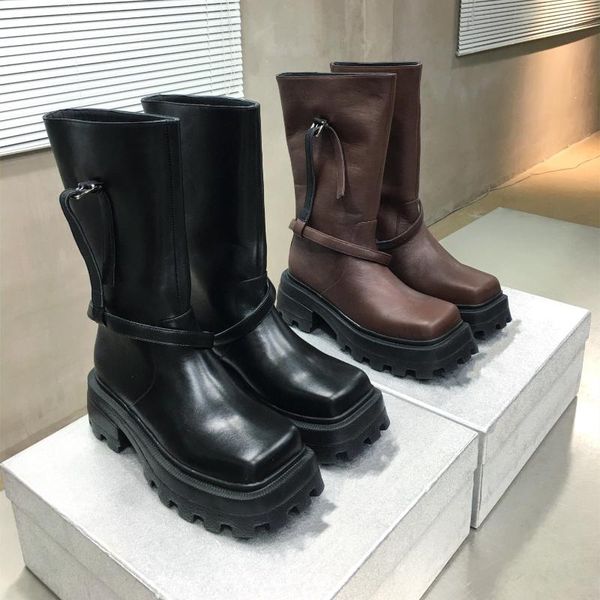 

boots mid-calf autumn winter shoes women genuine leather platform knight buckle square toe chunky heels botas de mujer, Black