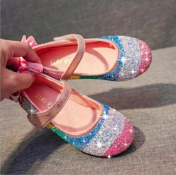 

2021spring and autumn girls soft soles leather shoes rainbow sequined dress princess flatt large size beans for children, Black;grey