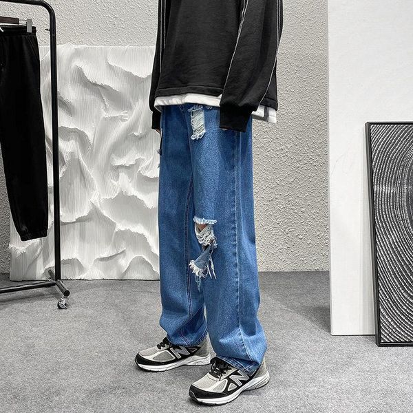 

men's jeans ripped korean hip-hop straight-leg fashion loose casual streetwear wide-leg denim trousers, Blue