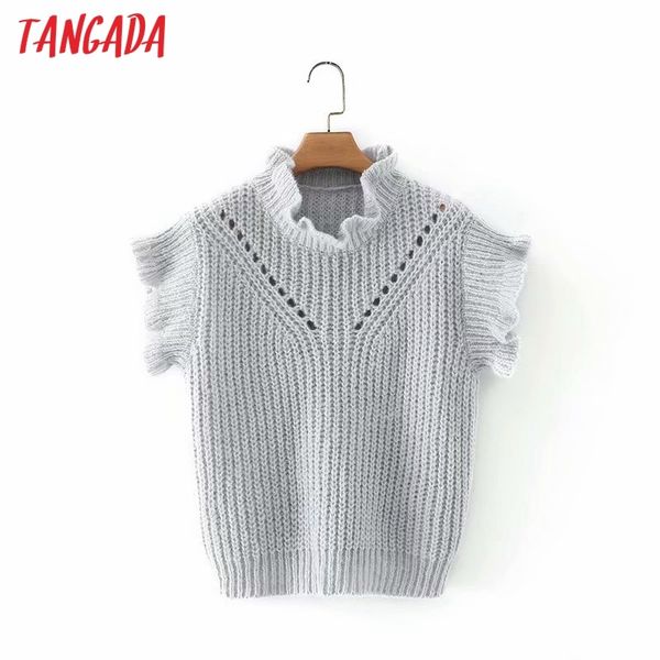 Kadın Moda Ruffles Hollow Out Kısa Örme Yelek Kazak V Boyun Kolsuz Kadın Yelek Chic Tops 2x01 210416