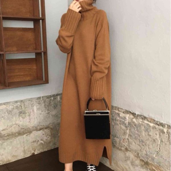 

casual dresses turtleneck knitted sweater women korean causal autumn winter noodles elastic long sleeve loose pullover brown rzrq, Black;gray
