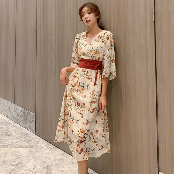 

Summer Dress For Women 2021 Japan Style Sexy V-neck Printed Maxi Dresses Elegant Vintage Slim Long Party Dress AIYANGA, Picture color