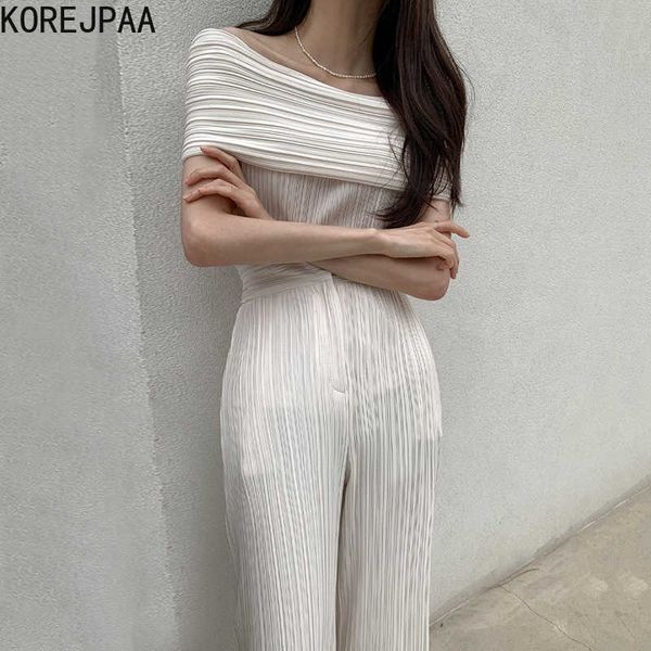 

korejpaa women sets summer korean chic temperament one-neck off-shoulder pleated shirt high-waist straight slit casual pant 210526, White