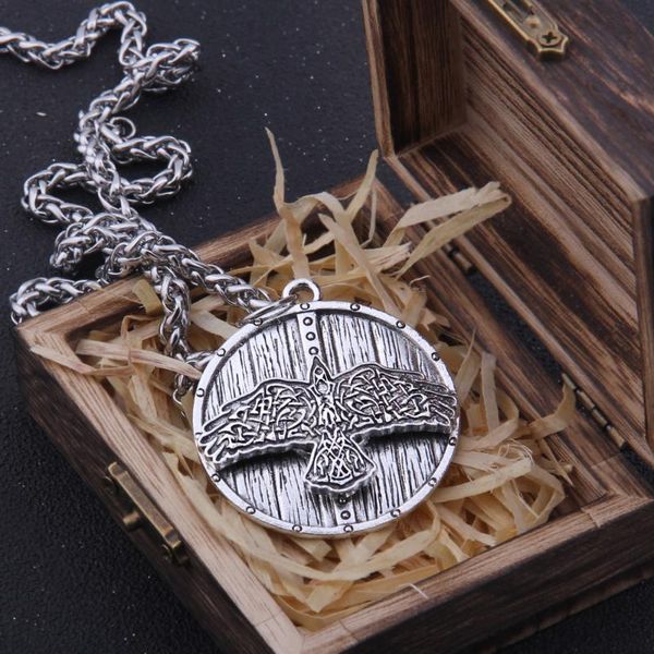 

pendant necklaces iron color viking celtic eagle and shield necklace with stainless steel chain as men gift wooden box, Silver