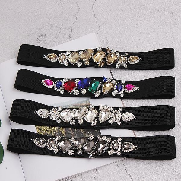 

belts women's runway fashion diamonds beaded elastic cummerbunds female dress corsets waistband decoration wide belt tb1870, Black;brown