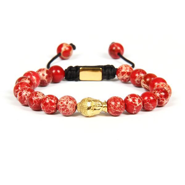 

new not fade bracelet wholesale 10pcs/lot 8mm red sea sediment stone with stainless steel buddha head macrame bracelet, Golden;silver