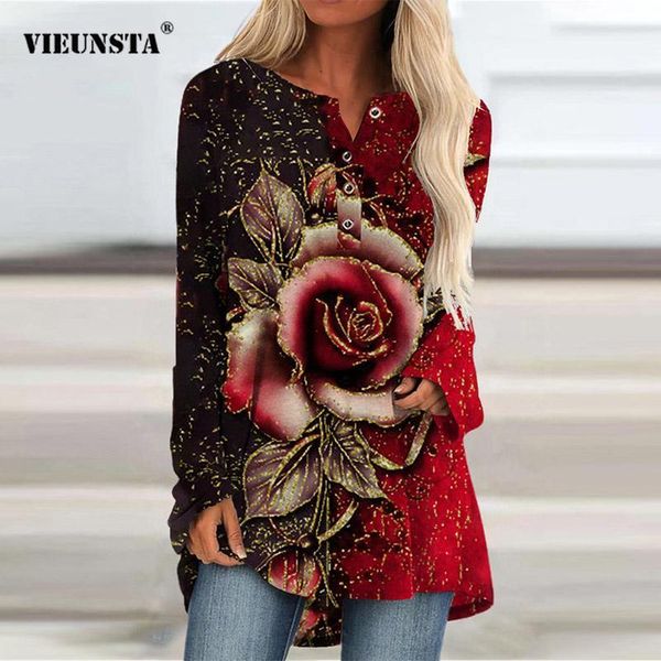 

women's blouses & shirts 2021 harajuku vintage rose print women fashion o neck long sleeve pullover casual loose streetwear shirt blus, White