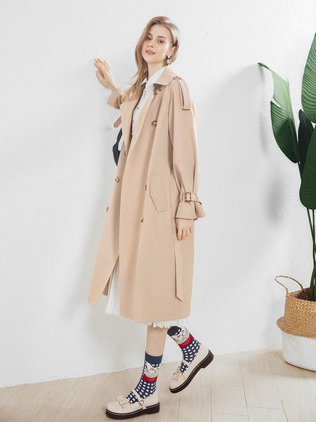 

women's trench coats 2021 spring and autumn khaki windbreaker coat has loose texture, vertical profile temperament,, Tan;black