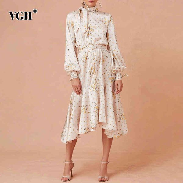 

vgh elegant lace up printed dress for women stand collar lantern sleeve high waist irregular hem trumpet dresses female new 210421, Black;gray