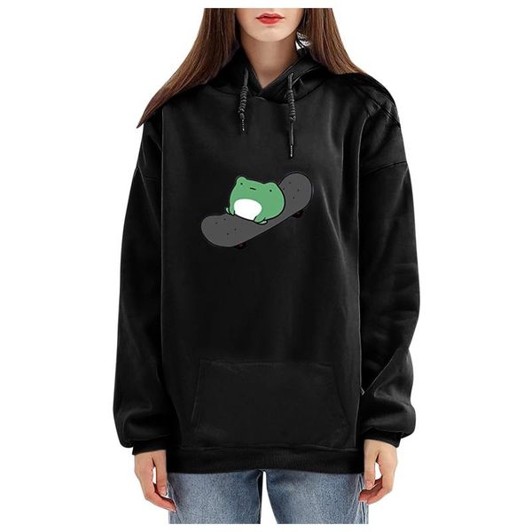 

winter skateboard f rog oversized sweatshirt men and women's hoodies harajuku warm pullover drawstring pink womens korean style & sweat, Black