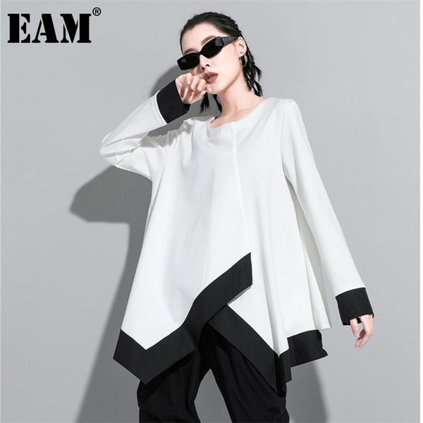 

[eam] women white contrast color split big size t-shirt new round neck long sleeve fashion tide spring autumn 1da611 210330