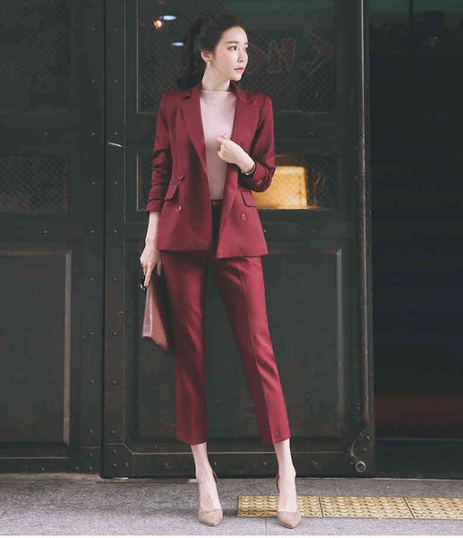 

women's two piece pants career suit female spring and autumn long - sleeved small jacket trousers casual two piece z41d, White