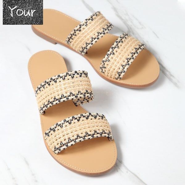 

sandals 2021 brand design women weave fabric summer beach slides outdoor flip flops open toe flat slipper, Black