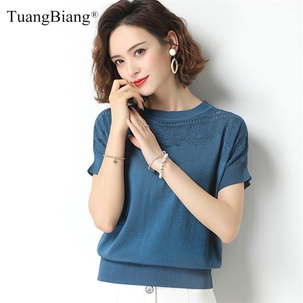 

lace flowers hollow out summer short sleeve pullover women cotton eyelet elasticity o-neck sweater female blue knitted 210805, White;black