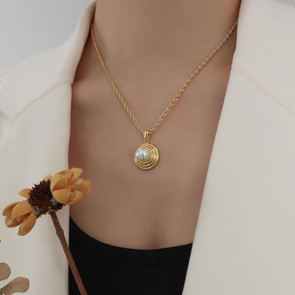 

pendant necklaces allme french simulation pearl metal round necklace for women ladies titanium steel thin chain accessories, Silver