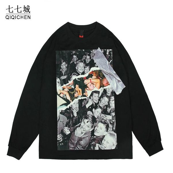 

sweatshirt hip hop men vintage old po illustration o-neck casual streetwear funny picture baggy high street pullover men's hoodies & sw, Black