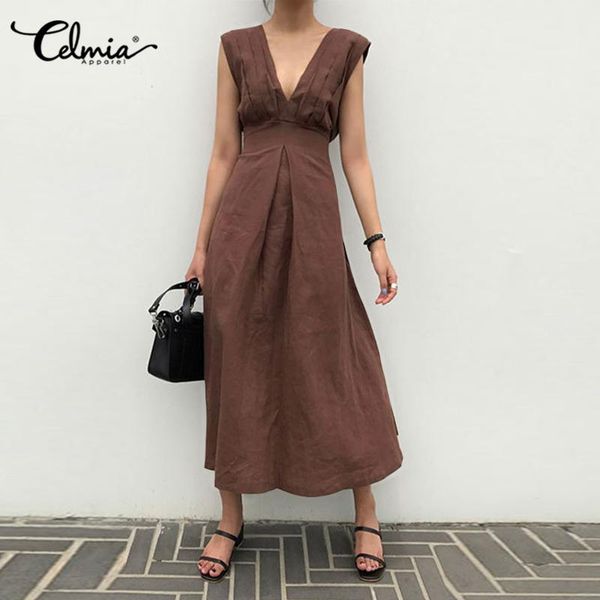 

casual dresses women's vintage shirt dress 2021 celmia v-neck high waist sleeveless midi sundress loose solid party vestidos robe, Black;gray
