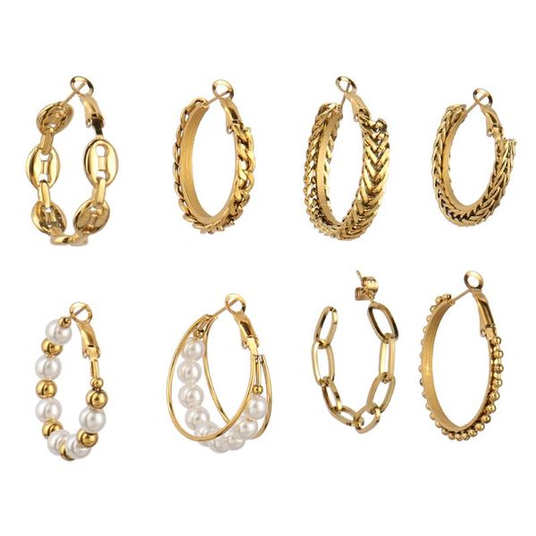 

hoop & huggie minimalist round circle chain earrings stainless steel earring for women pearl geometry statement jewelry, Golden;silver