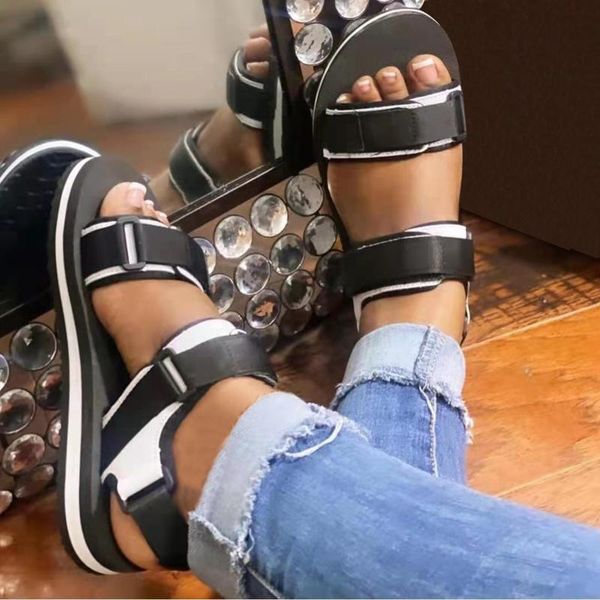 

womens sandals platform thick sole flat mixed color casual peep toe shoes ladies summer outdoor beach sandalias, Black