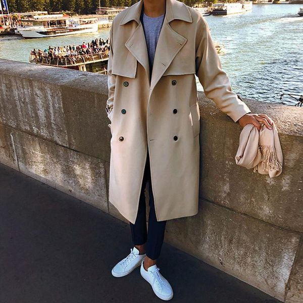 

men's trench coats autumn length medium windbreaker double breasted solid loose casual simple style quality male coat, Tan;black