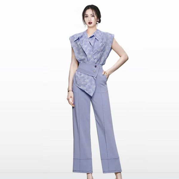 

women's two piece pants 2021 summer fall elegant office lady set blue purple cardigan off shoulder shirt & solid long wide leg suits, White