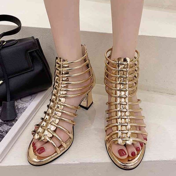 

sandals fashion hollow out ankle boots women summer peep toe cross strap high heels woman zip square rome sandal wpa4, Black