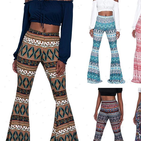 

boho geometric print high waist womens capris bell bottom loose wide leg flared pants, Black;white