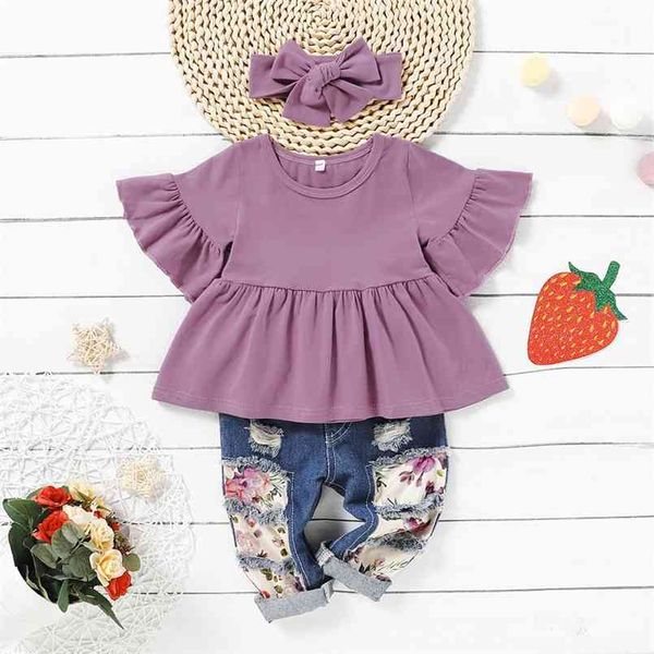 Sommer und Frühling 3-teiliges solides Kurzarm-Kleid-Jeans-Headset für Baby-Mädchen-Kleidung 210528