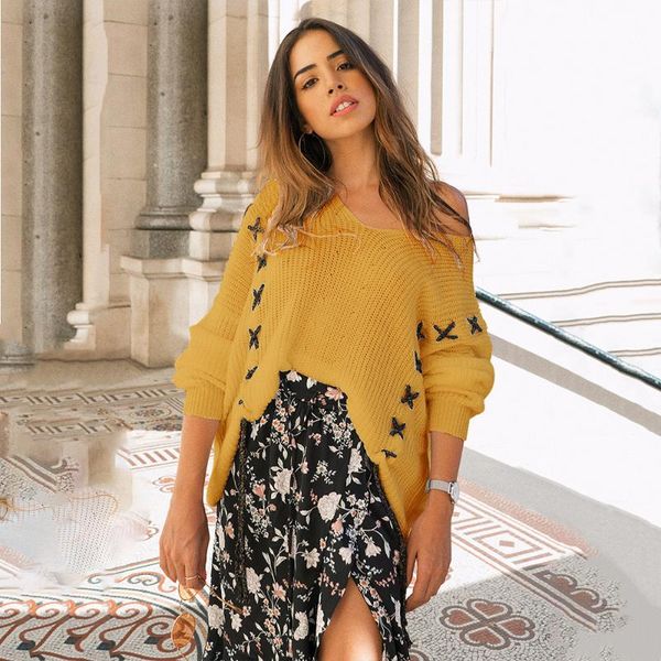 

women's sweaters autumn winter fall clothing women sweater high street v-neck pullovers lace up knitted, White;black